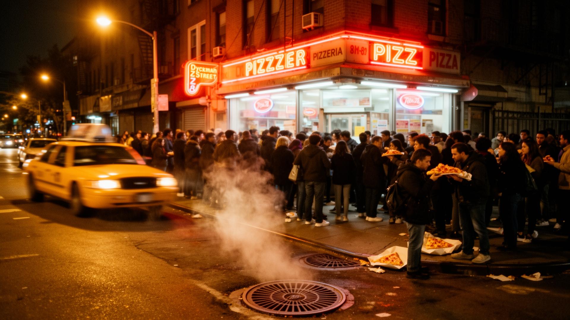 Late-night crowd outside Pizza Palace on Dyckman Street